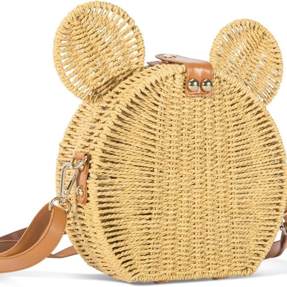 Handmade Round Rattan Straw Bag with Cute Mouse Ears - Stylish Crossbody Purse - Picture 8 of 9